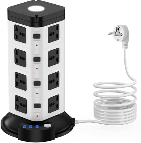 Multiprise avec Interrupteur, Tour Multiprise 16 Prises et 3 USB et veilleuse Design Original, Multiprise Parafoudre et Surtension, 4.8M Câble à la Maison et au Bureau