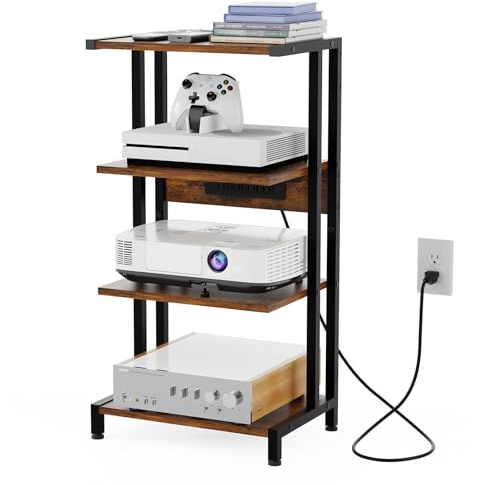 X-cosrack 16.5 Game Console Shelf, Small 4-Tier Video Gaming Consoles Stand with Outlet, Narrow Stereo Cabinet AV Media Stand, Corner Audio Rack for PS5,Xbox,Game Console,TV Box,WiFi Router