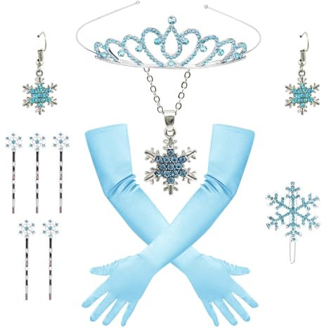 BCVSER ELSA Kostüm Damen Zubehör, 12 Stück Eiskönigin Kostüm Zubehör Kit mit Krone Handschuhe Schneeflocken Haarschmuck Haarspangen Ohrringe Kette für Halloween, Karneval, Cosplay für Frauen Mädchen