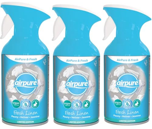 Pure & Fresh Air Freshener Spray 250ml, Pack of 3 - Fresh Linen Scent Infused with Peony, Vetiver, and Jasmine Notes - Clean and Crisp Fragrance for a Refreshing Home Ambiance