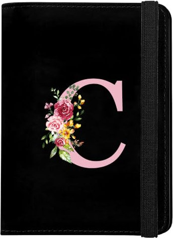 Porta Passaporto con Iniziale, Custodia Passaporto in Pelle PU, Copertina per Passaporto con Blocco RFID Porta Adatto per Carte d'Identità Carte di Credito, Biglietti Aerei, Passaporto Pass(Nero,C)