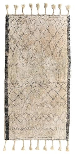 Home4You Handtuft Teppich Wohnzimmerteppich - Baumwolle - Beige - Grau - mit Rautenmuster und Fransen - 70x140 cm