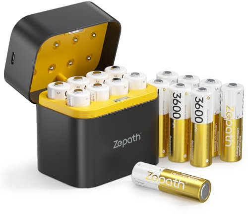 16 Piles AA Rechargeables au Lithium-ION avec Chargeur 4 Chargeur,1,5V 3600 mWh Haute Capacité Rechargeable AA Batterie, jusqu'à 2000+ Cycles