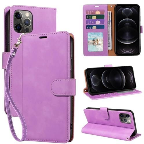 GOTOURED for iPhone 12/12 Pro Phone Case Wallet,Soft Leather Protective,4 Card Slots Holder RFID Blocking,Kickstand,Wrist Strap,Shockproof Folio Flip Cases Cover for iPhone 12/12 Pro (Purple)
