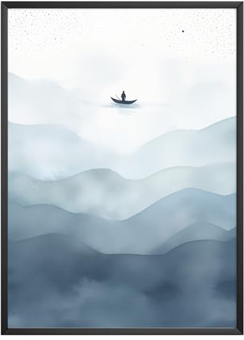 MJ-GRAPHICS® Poster Ozean Nebel Boot Poster Sommer Landschaft Kunstdruck Wohnzimmer Wandbild Japanischer Minimalismus Natur Stille Kunst Wasser Blau Beige – A3 Ohne Rahmen