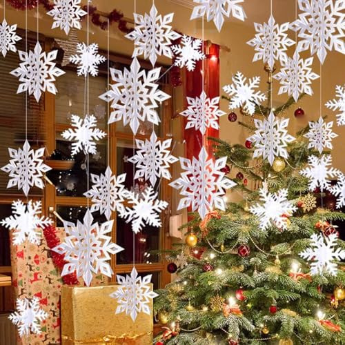 12 Stück 3D-Schneeflocken-Girlande zum Aufhängen mit Schnur für Weihnachtsdekoration,Weihnachtsbaum Dekorationen Hängende Schneeflocken Dekorationen ，Winter-Wunderland-Dekoration