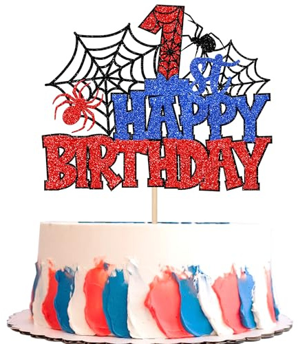 SYKYCTCY 1 Pack Happy 1st Birthday Cake Topper Glitter Spider Web First Birthday Cake Pick Superhero Spider Party Decorations for Baby Shower Boys Girls 1st Party Cake Decorations Supplies