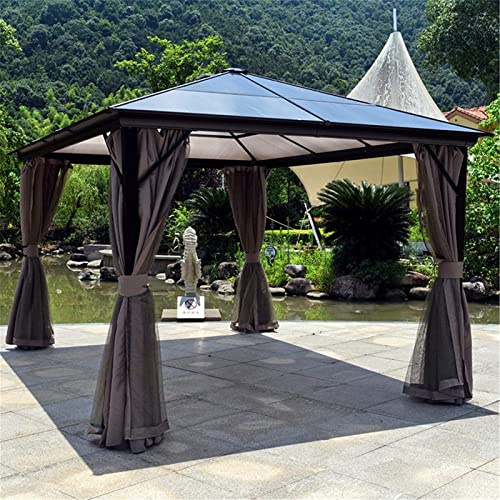 Hardtop-Pavillon mit Polycarbonat-Dach und Netzvorhängen – 3 m x 3 m Outdoor-Partyzelt mit Seitenwänden für Gartenunterstand