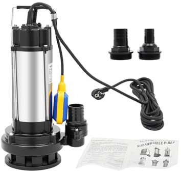 VonVVer Tauchpumpe Schmutzwasser 1500W, 36000L/h Förderleistung, 22m Förderhöhe, Edelstahl-Gartenpumpe mit Schwimmerschalter IP68 für Brunnen, Teiche, Industrie, 2 Anschlüsse