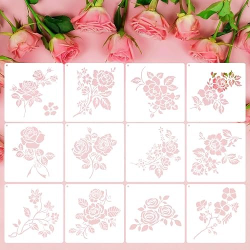 12 Stück Rosen Schablonen Set 20 x 20 cm Rosen Malschablonen Wiederverwendbare Schablonen für DIY Basteln Malen auf Holz Wand Stoff Möbel Leinwand Scrapbooking Dekor