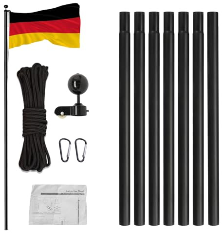 HOBBYZOO Fahnenmast 6m stabil, Aluminium Fahnenstange mit DE Flagge, Faltbarer Flaggenmast für Outdoor, inklusive Aufziehsystem und Bodenhülse, Schwarz
