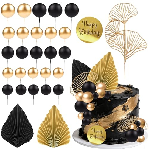25 PCS Topper Foam Ball Torta, Becorazioni Torta Compleanno: Palme e Ffoglie di gGinkgo Decorazioni Torta, Boho Cake Topper, Palla Cake Toppers, per Compleanno Feste, Matrimoni, Baby Shower (Nero Oro)