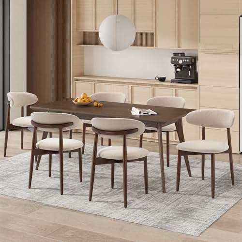 COLAMY Chaise de Cuisine en Set de 6, Chaises à Manger Modernes avec Dossier Rigide, Chaises de Salle à Manger en Tissu avec Pieds en Bois pour Salle à Manger, Cuisine, Restaurant, Beige