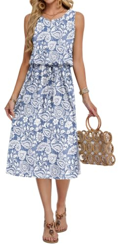 AUSELILY Robe d'été élégante pour femme - Robe midi sans manches - Robe de plage - Robe de loisirs avec poches, XL