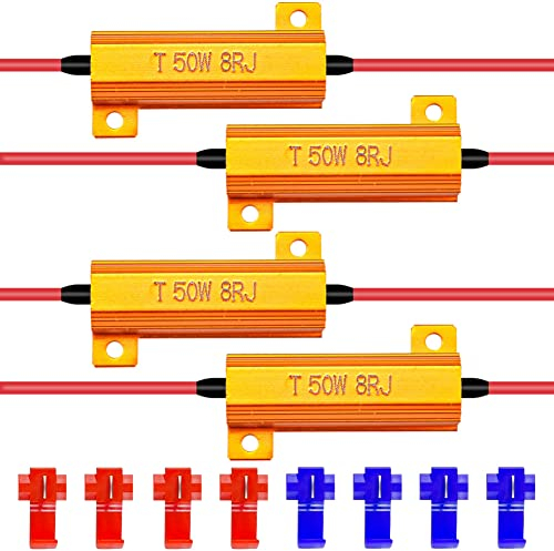 KATUR 4 x 50 W 8 Ohm LED-Lastwiderstände für LED-Blinker oder LED-Kennzeichenbeleuchtung oder Tagfahrlicht (Fix Hyperblitz, Warnunterdrücker) mit 8 Schnellkabel-Clips