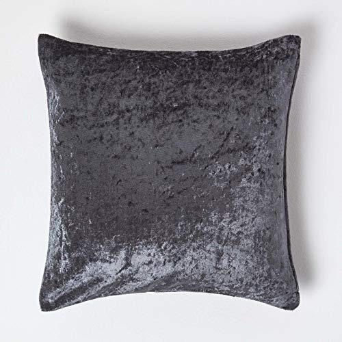 HOMESCAPES Luxury Dark Grey Crushed Velvet Cushion Cover 18 x 18 Inch (45 cm) Square Charcoal Scatter Cushion for Sofa or Bed