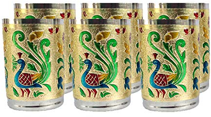 Rastogi Handicrafts Set of 6 Stainless Glass Glasses Indian Handmade Meena Work Peacock Design Gold Silver Diwali Christmas Mug Gift Set