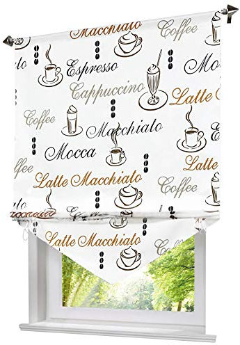 1 Stück Blickdicht Raffrollo mit Kaffee Tasse Muster Raffgardine Vorhang Deko für Haus (BxH 60x140cm, Kaffee)