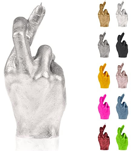 Candellana Kerze Gekreuzte Finger | Höhe: 19,4 cm | Silber | Brennzeit 30h | Kerzengröße gleicht 1:1 Einer realen Hand | Handgefertigt in der EU