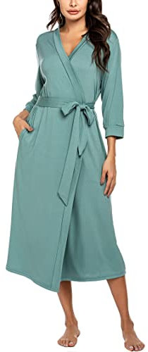 UNibelle Vestaglia Lunga da Donna Manica a 3/4 Kimono Donna con Cintura Scollo a V Accappatoio con 2 Tasche Verde Chiaro XL