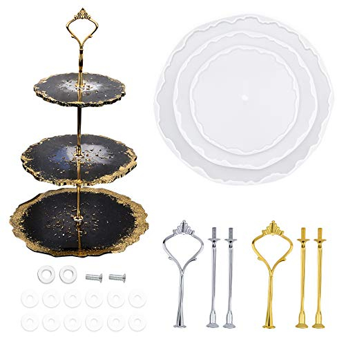 WANDIC Harz-Tablett-Formen-Set, 9-teilig, wiederverwendbare Silikon-Gießformen, einschließlich 3-stöckiger Kuchenständer, Harzformen mit 6 Beschlägen für die Herstellung von Desserttellern,