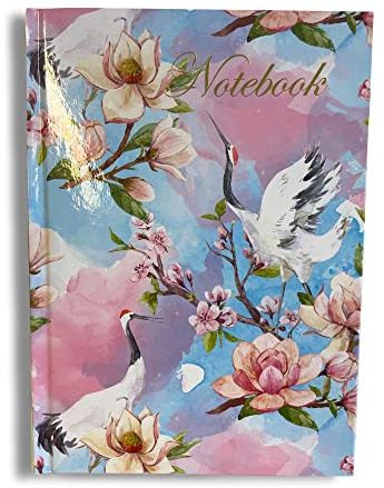 Maturi A5 Hardback Notebook, Magnolia Flowers and Cranes Design with Gold Foil Detailing and Gloss Finish