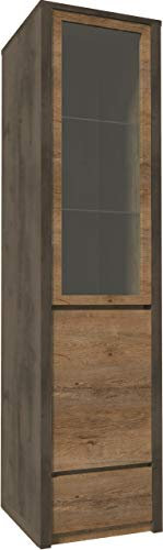 Furniture24 Vitrine Montana W1D Wohnzimmerschrank Schrank Vitrinenschrank 2 Türen 1 Schublade (Smooth Grey/Lefkas Eiche dunkel)