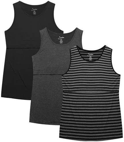Sosolism 3er-Pack Stilltop Damen Dehnbar Stillshirt Sommer Still Oberteil Ärmellos,Schwarz/Dunkel Grau/Gestreift,Größe M