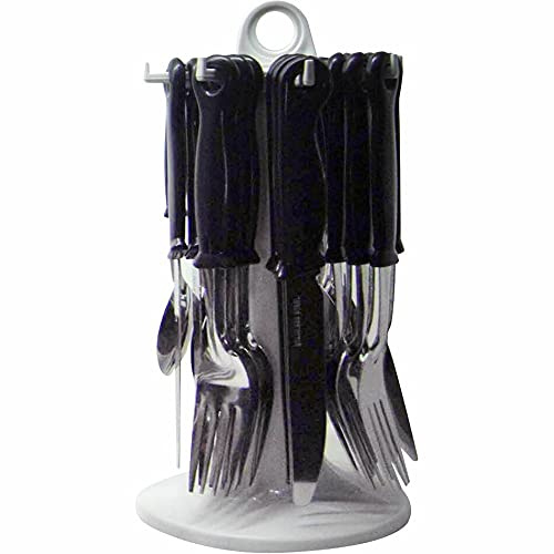 24PC Black Cutlery Dinner Set Rack Metal Forks Teaspoon Tea Spoons Drainer Stand