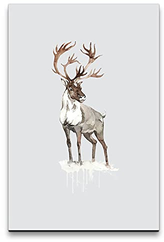 Paul Sinus Art Wandbild auf Leinwand 60x90cm Hirsch Wald Natur Geweih Bock Wasserfarben Aquarell Dekorativ