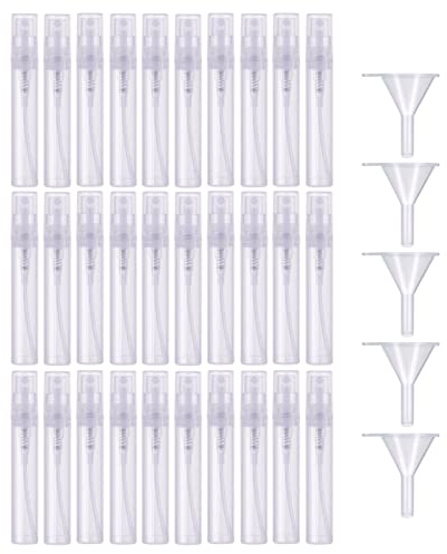 Lahviuu Mini Botella de Spray,30pcs 5ml Plástico Transparente Botella Spray Pulverizador Mini Atomizador de Perfume para Viajes Perfumes Cosméticos(con 5 embudos)