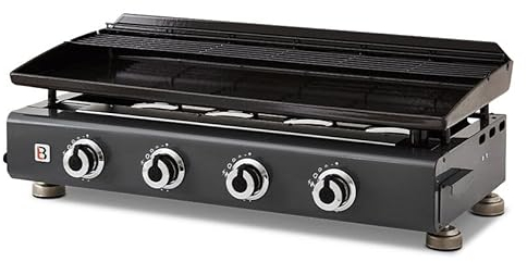 BRASERO - Plancha Silvia II G 4 Feux Gun Metal Surface de Cuisson 84 x 34 cm - 4 brûleurs - Plaquer Acier émaillée - Grille de réchauffement - Tiroir Graisse - Jusqu'à 12 convives - 10 KW
