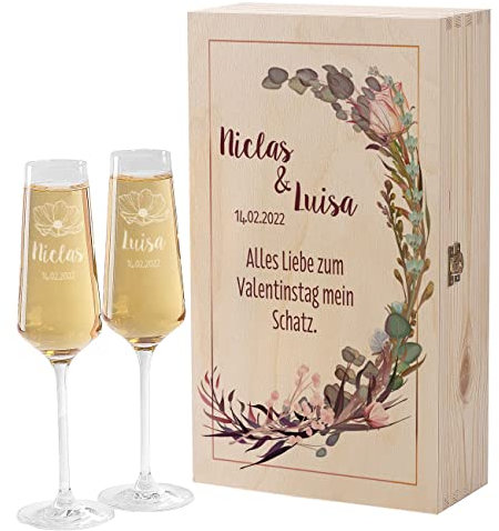 Herz & Heim® Hochzeits-Geschenk mit 2 Leonardo Puccini Sektgläser mit Gratis Gravur und bedruckter Holzbox