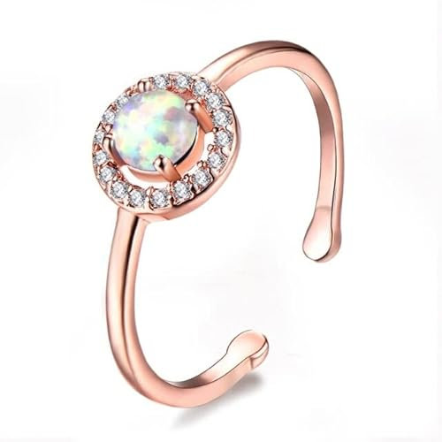 JSFJOFO Bleu Rose Blanc Opale De Feu Zircon Cubique Or Rose Femmes Bague Réglable Bijoux De Mariage Cadeau