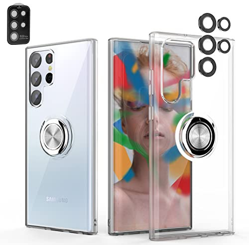 WATACHE Crystal Clear Slim Fit Telefon-Schutzhülle mit [Ring Krückenhalterung] [Magnetische Autobefestigungsfunktion] (Transparent+ Lens Protector)