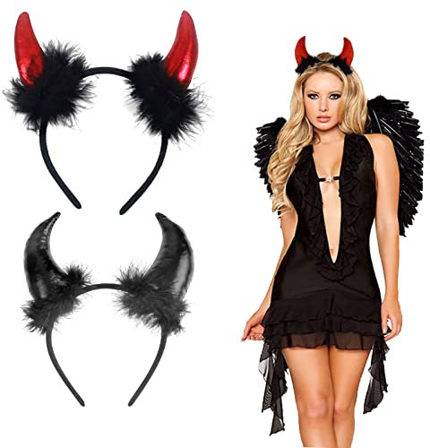 AOMAIGAD Serre Tete Halloween Femme Diable, 2 pièces serre tete corne diable,serre tete ange noir,pour Fête Halloween Carnaval Ornement Accessoire Enfant Adult Femme Fille Cosplay