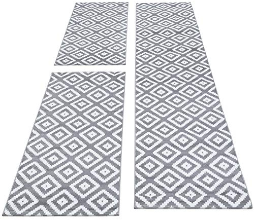 Kurzflor Läufer Set 3 Teilig Geometrisches Karo Muster Weich & Soft Bettumrandung Schlafzimmer Flur Teppich 6 mm Florhöhe Farbe Grau Weiss, Farbe:Grau, Bettset:2 mal 80x150 cm + 1 mal 80x300 cm
