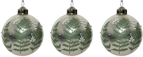 Kaemingk Weihnachtskugeln Glas 8cm x 3 Stück grüne Farnblätter Motiv Strass Christbaumkugeln Silber