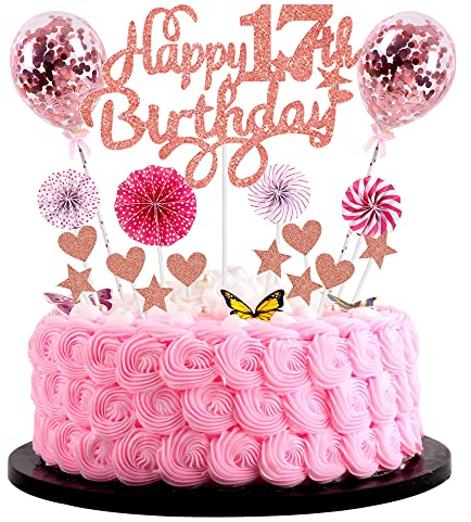 Cnrose Tortendeko 17. Geburtstag Hello 17 Cake Topper Rosegold mit Herz Stern Ballon Kuchendeko Happy 17th Birthday Tortendeko 17 Jahre Mädchen