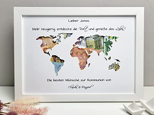 personalisiertes Geldgeschenk zur Konfirmation, Kommunion, Jugendweihe, Lebenswende, Firmung oder Taufe - Motiv Weltkarte (mit Premium-Rahmen - silber)