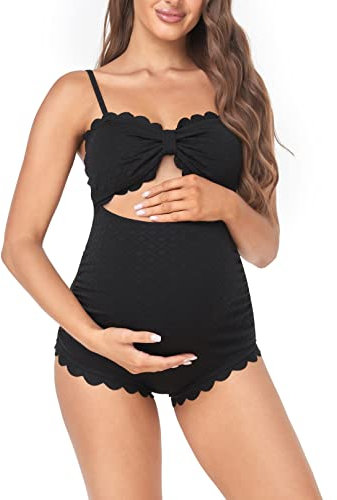 EastElegant Maillot de bain une pièce de maternité avec découpe dans le dos - Bikini de grossesse festonné - Maillot de bain pour femme enceinte, noir, Taille L