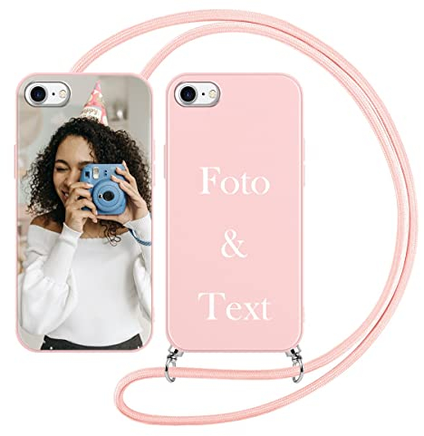 Yoedge Handykette Personalisierte Handyhülle für iPhone 8/7/ SE 2022 / SE 2020 Hülle mit Band Kordel 4,7,Selbst Gestalten mit Foto Bild Text Individuelle Schutzhülle Rosa Cover für iPhone SE 3 Case