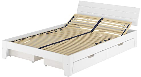 Erst-Holz®Weißes Bett 140x200 Kiefer massiv mit 3-teiligem Schubladenset Zubehör wählbar V-60.54S8-14WFederholzrahmen inkl.