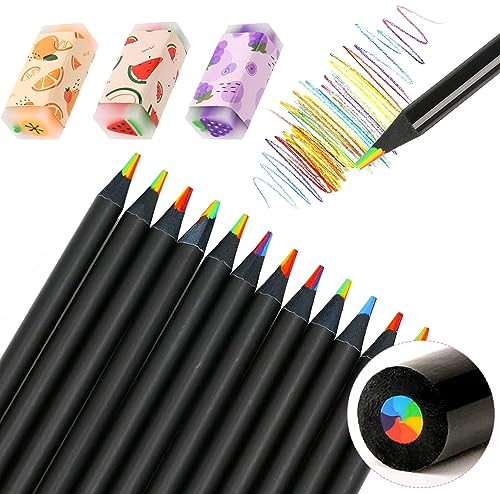 W Rxkiocs 15 Pezzi Matite Arcobaleno Matita Multicolore Matite Multicolor Gomma da Cancellare Matite Colorate 7 in 1 Matite Arcobaleno in Legno Nero per Disegni Artistici Colorazione Schizzi