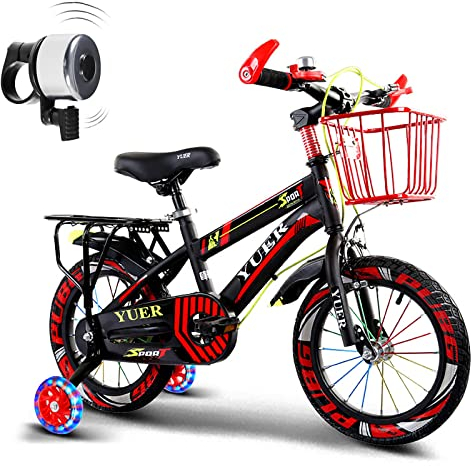 Bueuwe Kinderfahrrad für Kleinkinder und Kinder 2-10 Jahre alt, 12 14 16 18 Zoll Kinderfahrrad mit Stützrädern, Korb, Rücksitz und Handbremse,Rot,18in