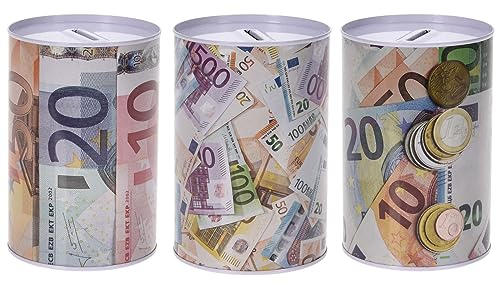 3er Set Spardose im Euro-Design Ø 9,5cm Metall Blech Dose Sparbüchse Gelddose Metallspardosen Geldspardose