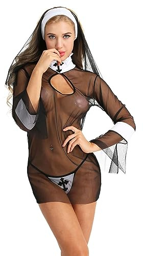 ROSVAJFY Sexy Nonne Kostüm für Damen Dessous Cosplay Nun, Durchsichtig Nonnen Rollenspiel Outfit Halloween Freche Reizwäsche Lingerie 3 Stück, Mesh Minikleid+Kopfschmuck+Tanga