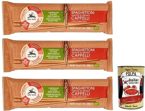 Italian Gourmet Spaghettoni pasta italiana Bio-Cappelli 3 x 500g | Aus bestem Hartweizen, trafilata al bronzo, ruvida Oberfläche für Saucen, Gesamtnettogewicht 1,5 kg + Kostenlos Polpa 400g