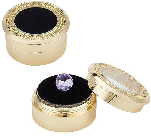 BENECREAT 2 pièces Diamant Vitrine Pierres Précieuses Boîte de Présentation en Alliage D'Or Clair Boîtes de Rangement en Vrac Diamant avec Fenêtre Transparente, Coussin pour Conteneur, 3.25x1.65 cm