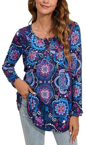 Enmain Tunica da Donna a Maniche Lunghe Taglie Forti Camicetta a Tunica da Donna Casual T-Shirt Larga con Bottoni Camicetta da Donna con Stampa Floreale,L1-Viola Scuro,XL